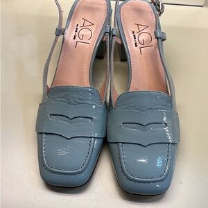 AGL baby blue Leather Square Toe Slingback Low Heel Shoes | Quiet Luxury NWT